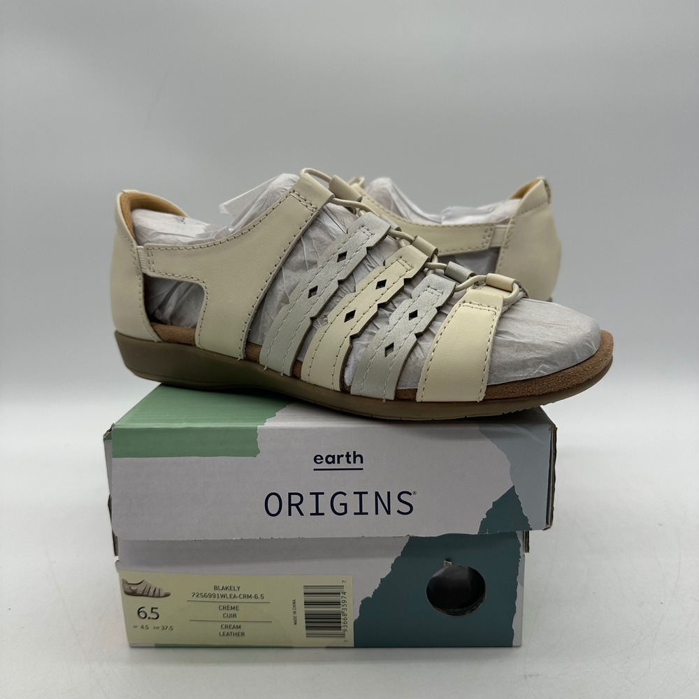 Earth Origins 7256991WLEA Womens Size 6.5 Blakely Cream Leather Comfort Sandals‎